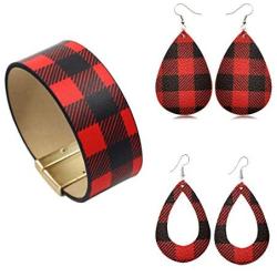 INENIMARTJ 3 Pieces Christmas Plaid Leather Earrings Bracelet Set, Handmade Lightweight Christmas Buffalo Plaid Bracelet for Women & Girls