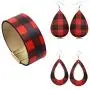 INENIMARTJ 3 Pieces Christmas Plaid Leather Earrings Bracelet Set, Handmade Lightweight Christmas Buffalo Plaid Bracelet for Women & Girls