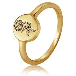 YeGienor Handmade Flower Signet Ring -18K Gold Over 925 Sterling Silver-Minimalistic Statement Ring with Botanical Engraved- Delicate Jewelry Gift for Women/Girls