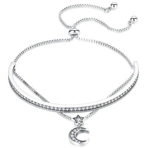 SLUYNZ 925 Sterling Silver Star Moon Adjustable Bolo Strand Bracelet for Women Teen Girls Layered Bracelet Sliding Tennis Bracelet