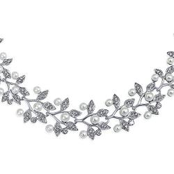 Bridal Large Fashion Vintage Style Leaves Leaf Motif Simulated White Pearl Cubic Zirconia Pave CZ Leaf Bib Statement Necklace Jewelry Set for Women Weddings