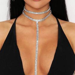 Funyrich Sexy Crystal Layering Necklace Long Rhinestone Pendant Choker Necklaces Chain Punk Nightclub Necklace Jewelry for Women and Girls (Gold)