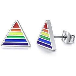 PJ Gay Pride Lesbian Equality Triangle Rainbow Stud Earrings in Stainless Steel