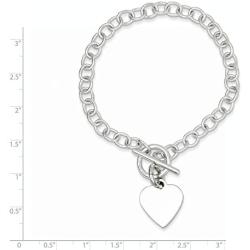 Sterling Silver Flat back Engravable Toggle Closure Polished Heart Charm Bracelet - Length Options: 7.5 8.5