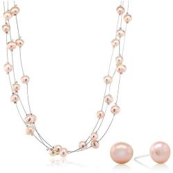 Gem Stone King 3-Row 7-8mm Pink Cultured Freshwater Pearl Necklace Earrings Set 18inches