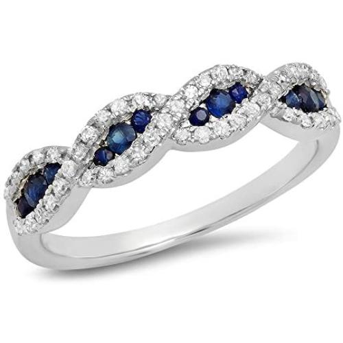 10K Gold Blue Sapphire & White Diamond Bridal Swirl Stackable Anniversary Wedding Band