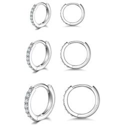 Bestwick 3 Pairs 925 Sterling Silver Hoop Earrings for Women Mens, Hypoallergenic Silver Small Unisex Cartilage Huggie Cubic Zirconia Hoop Earrings Piercing Jewellery for Sensitive Ears 8mm 10mm 12mm