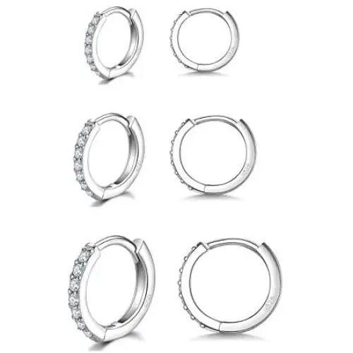 Bestwick 3 Pairs 925 Sterling Silver Hoop Earrings for Women Mens, Hypoallergenic Silver Small Unisex Cartilage Huggie Cubic Zirconia Hoop Earrings Piercing Jewellery for Sensitive Ears 8mm 10mm 12mm Bestwick 3 Pairs 925 Sterling Silver Hoop Earrings for Women Mens, Hypoallergenic Silver Small Unisex Cartilage Huggie Cubic Zirconia Hoop Earrings Piercing Jewellery for Sensitive Ears 8mm 10mm 12mm