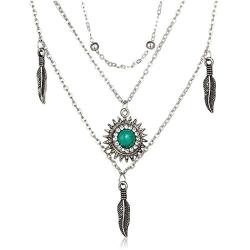 Moon Leaf Turquoise Pendant Necklace Bohemian Multilayer Crescent Beads Chain Jewelry for Women Girls (Silver A)