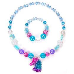 Unicorn Rainbow Jewelry Sets,Toddler Girls Unicorn Necklace Bracelet,Little Girls Chunky Bubblegum Beads Necklace(Blue)