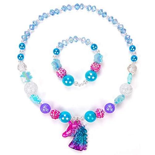 Unicorn Rainbow Jewelry Sets,Toddler Girls Unicorn Necklace Bracelet,Little Girls Chunky Bubblegum Beads Necklace(Blue)