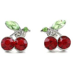 SoulBreeze Green Leaf Red Fruit Cherry Stud Post Earrings Charm Set Christmas Fashion Jewelry