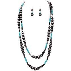 Rosemarie Collections Womens Extra Long Metallic and Turquoise Bead Statement Western Necklace and Earrings Set, 60''