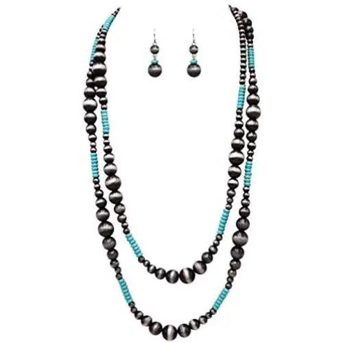 Rosemarie Collections Womens Extra Long Metallic and Turquoise Bead Statement Western Necklace and Earrings Set, 60'' Rosemarie Collections Womens Extra Long Metallic and Turquoise Bead Statement Western Necklace and Earrings Set, 60''