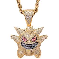 charlinliol 18k Gold Plated Necklace Iced Out 900 Pieces Cubic Zirconia Stones Pokemon Gengar Pendant Hip Hop Jewelry Chain for Men and Women