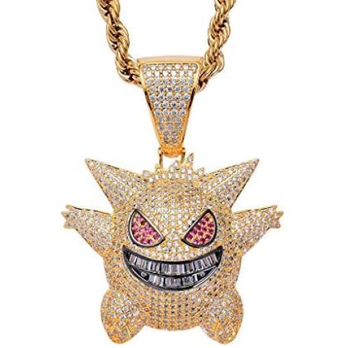 charlinliol 18k Gold Plated Necklace Iced Out 900 Pieces Cubic Zirconia Stones Pokemon Gengar Pendant Hip Hop Jewelry Chain for Men and Women