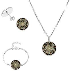 IShang Mandala Necklace Jewelry Set for Women, Mandala Round Gemstone Pendant Necklace + Bracelet + Stud Earring Costume Womens Jewelry Sets with Gift Box