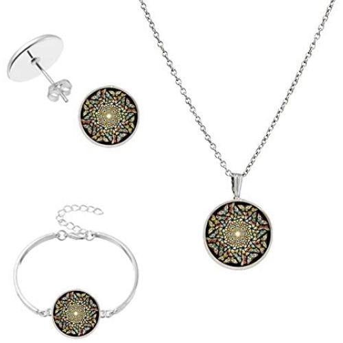 IShang Mandala Necklace Jewelry Set for Women, Mandala Round Gemstone Pendant Necklace + Bracelet + Stud Earring Costume Womens Jewelry Sets with Gift Box