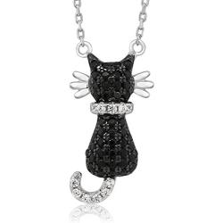 Gem Stone King 925 Sterling Silver Round Zirconia Sitting Black Cat Pendant Necklace On 18 Inch 925 Sterling Silver Chain