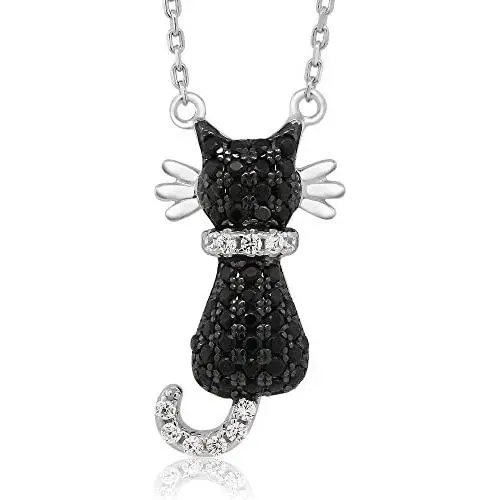 Gem Stone King 925 Sterling Silver Round Zirconia Sitting Black Cat Pendant Necklace On 18 Inch 925 Sterling Silver Chain