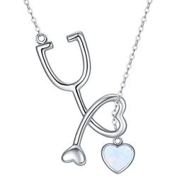 TRISHULA 925 Sterling Silver Stethoscope Pendant Opal Jewelry Nurse Themed Necklace for Women