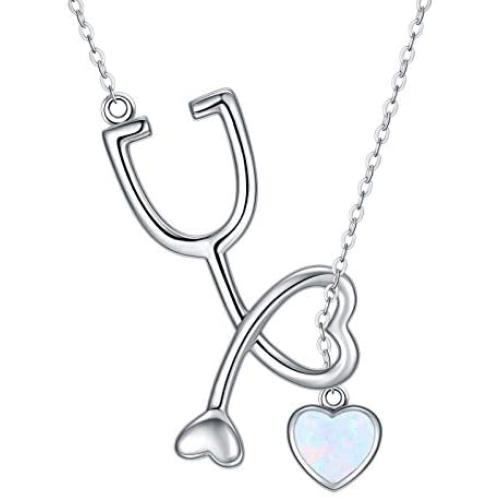 TRISHULA 925 Sterling Silver Stethoscope Pendant Opal Jewelry Nurse Themed Necklace for Women