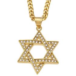 JAJAFOOK Star of David Pendant 18K Yellow Gold Iced Out Solid Jewish Necklace Jewelry, Cuban Chain