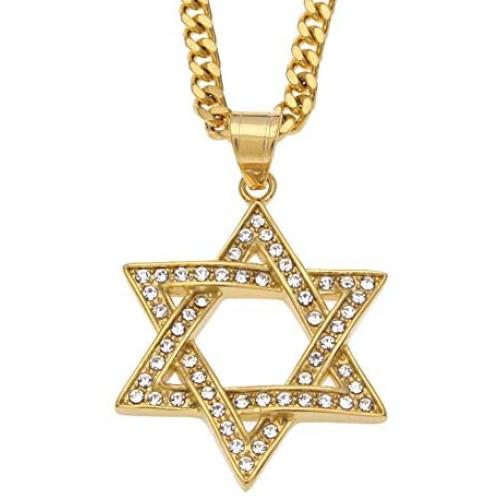 JAJAFOOK Star of David Pendant 18K Yellow Gold Iced Out Solid Jewish Necklace Jewelry, Cuban Chain