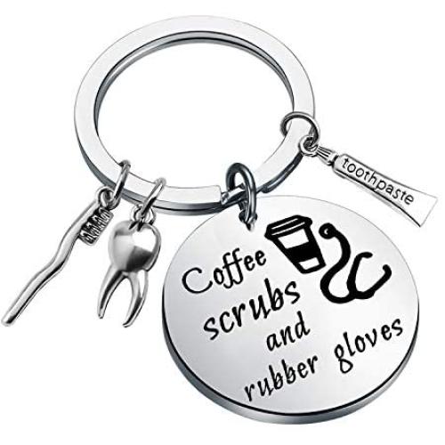 CENWA Dentist Gift Dental Hygienist Gift Dental Keychain Coffee Scrubs and Rubber Gloves Dentist Jewelry Graduation Gift for DH Dentist Assistant