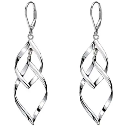 Fashion Double Leaf Wave Sprial Dangling Leverback Earrings Pierced Women Girl Rhodium Plated Bohemian