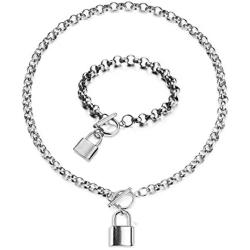 N/Q Punk Padlock Lock Love Heart Stainless Steel Pendant Necklace Bracelet for Women Men Teen Girls Boys 18K Gold Silver Plated Rock Gothic Hip Hop Link Paperclip Chain Jewelry Set