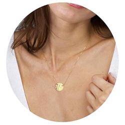 Ldurian Choker Necklace, Single Chain with Circle Disc Pendant, Layering Necklaces For Women, Dainty Simple Jewelry (14K Gold Plated, Hammered)