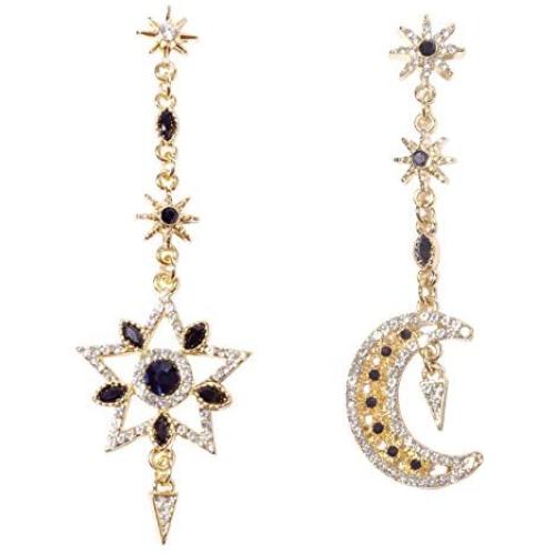 KaFu Moon and Star Earrings Long Dangle Stud Fashion Shiny Crystal Star Moon White Gold Color Drop Earrings Jewelry for Women Girl