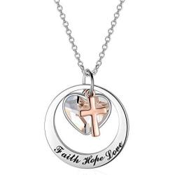 Two-Tone Sterling Silver and Rose Gold or Gold-''Faith Hope Love'' Cross Charm Pendant Necklace with Austrian Crystal
