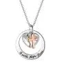 Two-Tone Sterling Silver and Rose Gold or Gold-''Faith Hope Love'' Cross Charm Pendant Necklace with Austrian Crystal
