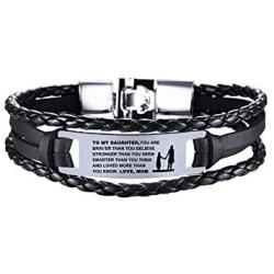 COMTRUDE to My Daughter Bracelets, Stainless Steel Leather Inspirational Wristband, Daughter Bracelet from Mom and Daddy, Love Daughter Best Gift (Brown and Black)