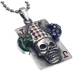 Halloween Jewelry Clown Joker card J-Jack Skull Horror Gothic Zombie Pewter Mens Pendant Necklace Good Luck Lucky Wealth Money Charm Safe Travel Protection Amulet Safety Talisman w Silver Ball Chain