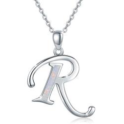 Initial Necklace, 925 Sterling Silver Monogram Letter Pendant with Created Opal, A-Z Alphabet Necklace, Initial Jewelry Gifts for Women Girlfriend Daughter