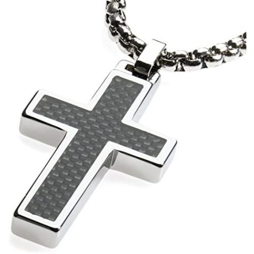 Unique GESTALT Tungsten Cross Pendant .4mm Surgical Stainless Steel Box Chain. Black Carbon Fiber Inlay.