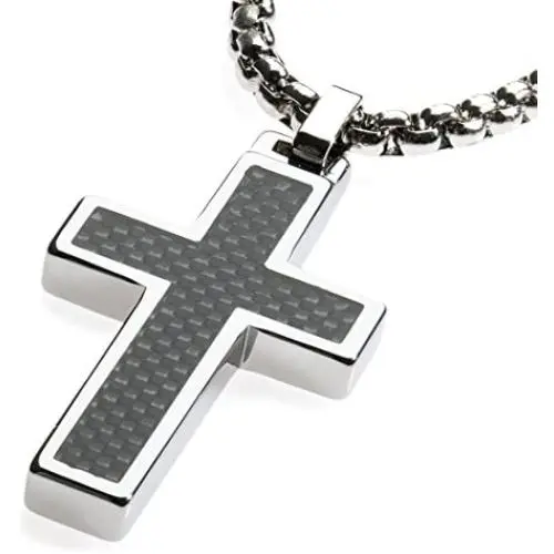 Unique GESTALT Tungsten Cross Pendant .4mm Surgical Stainless Steel Box Chain. Black Carbon Fiber Inlay. Unique GESTALT Tungsten Cross Pendant .4mm Surgical Stainless Steel Box Chain. Black Carbon Fiber Inlay.