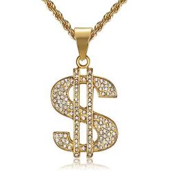 Lee Island Fashion 24K Gold Plated Simulated Diamond CZ Fully Dollar Sign Pendant Stainless Steel Necklace, 24 inch Chain Jewelry