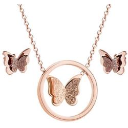 JDXN Rose Gold Stainless Steel Butterfly Stud Earring Pendant Necklace Set For Women Girls Christmas Gift