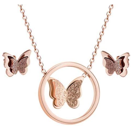 JDXN Rose Gold Stainless Steel Butterfly Stud Earring Pendant Necklace Set For Women Girls Christmas Gift