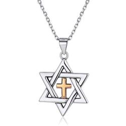 Nofade Silver Cross Star of David Pendant Necklace Gold&Silver Two Tone Pendant Religious Jewish Jewelry for Women Men, Chain 18(with Gift Box)