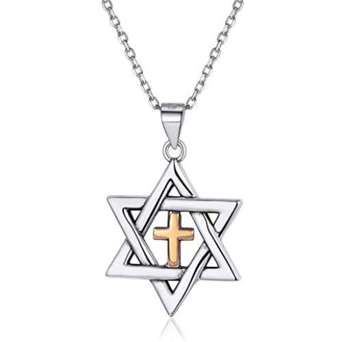 Nofade Silver Cross Star of David Pendant Necklace Gold&Silver Two Tone Pendant Religious Jewish Jewelry for Women Men, Chain 18(with Gift Box)