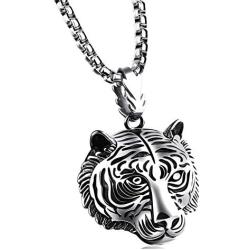 Fusamk Punk Rock Titanium Steel Animal Tiger Head Pendant Chain Necklace