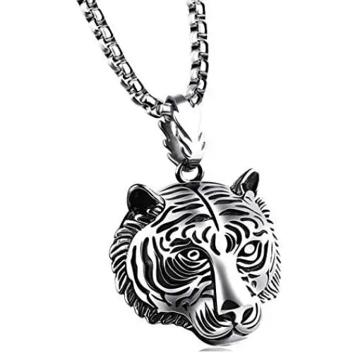 Fusamk Punk Rock Titanium Steel Animal Tiger Head Pendant Chain Necklace Fusamk Punk Rock Titanium Steel Animal Tiger Head Pendant Chain Necklace