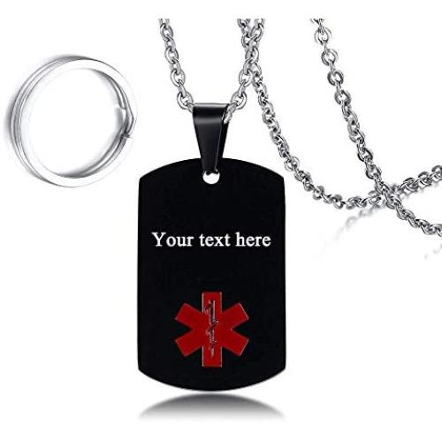 Mens Stainless Steel Medical Alert Blood THINNER Dog Tag Pendant Necklace Black,Men Jewelry Gift