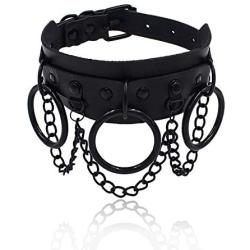 Gothic Jewelry-Adjustable Leather Choker Goth Necklace for Women-PU O Shape Punk Rock Black Soft Collar Chain Choker Cosplayer