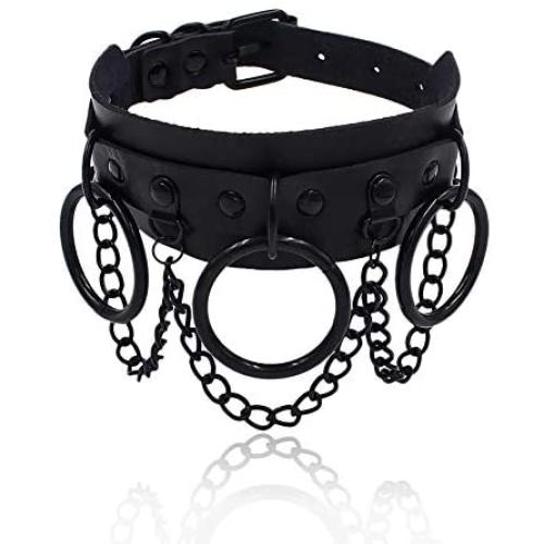 Gothic Jewelry-Adjustable Leather Choker Goth Necklace for Women-PU O Shape Punk Rock Black Soft Collar Chain Choker Cosplayer